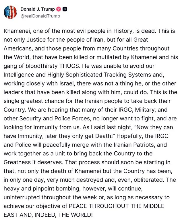 Trump Claims Khamenei Dead Following US-Israeli Strikes on Iran