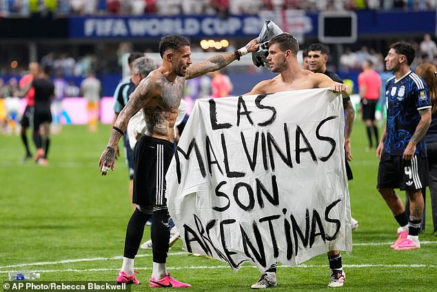 Argentina's Messi faces exclusion demands after displaying sovereignty banner over Falklands in final victory.
