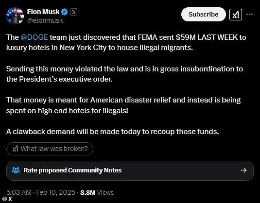 Elon Musk's DOGE Demands FEMA Recoup $59M Spent on Luxury Hotels for Illegal Immigrants