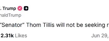 Trump Celebrates Thom Tillis' Non-Reelection Bid, Warns Fellow Republicans Over Budget Bill Opposition