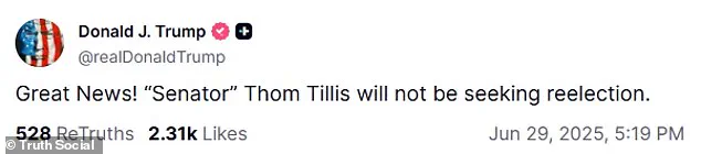 Trump Celebrates Thom Tillis' Non-Reelection Bid, Warns Fellow Republicans Over Budget Bill Opposition